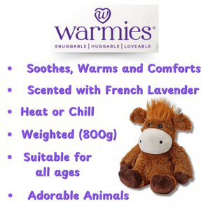 Warmies plush toy with product features listed on a white background