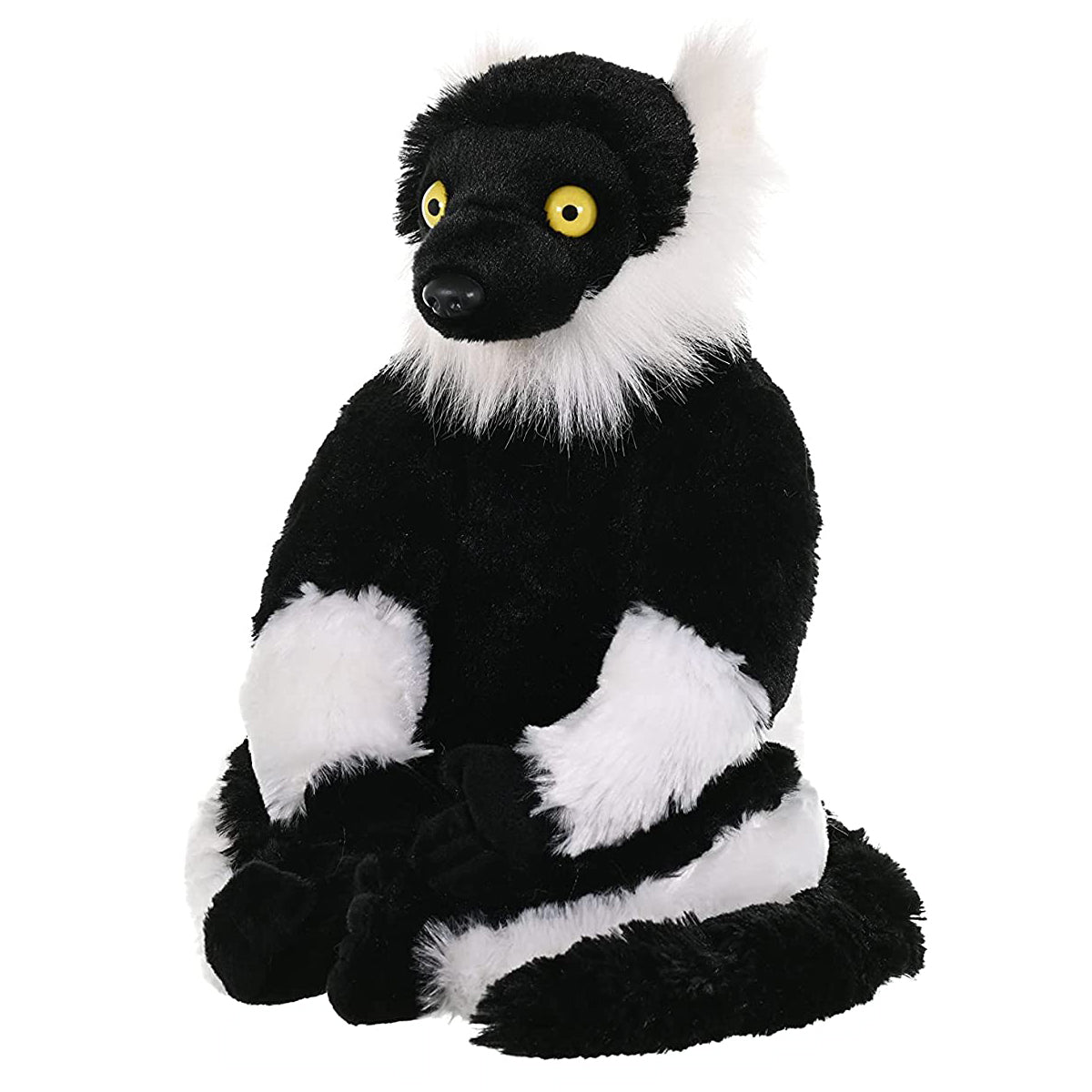 A black and white striped lemur plush toy with bright yellow eyes, sitting upright against a solid white background.
