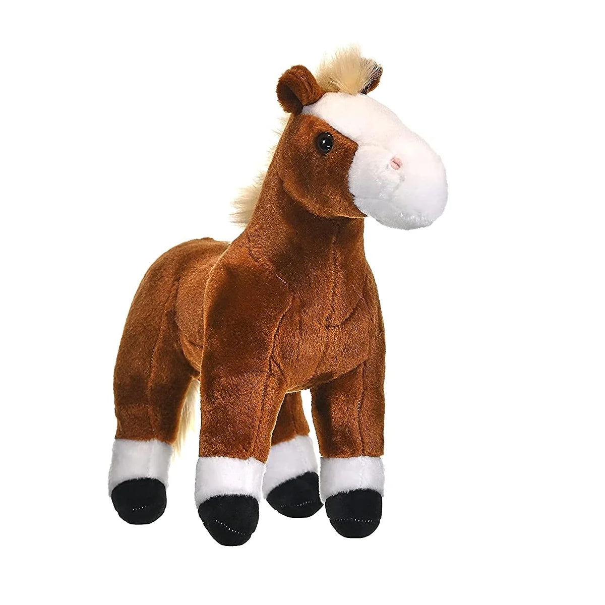 Plush horse toy with brown body, white face, and black hooves on a white background
