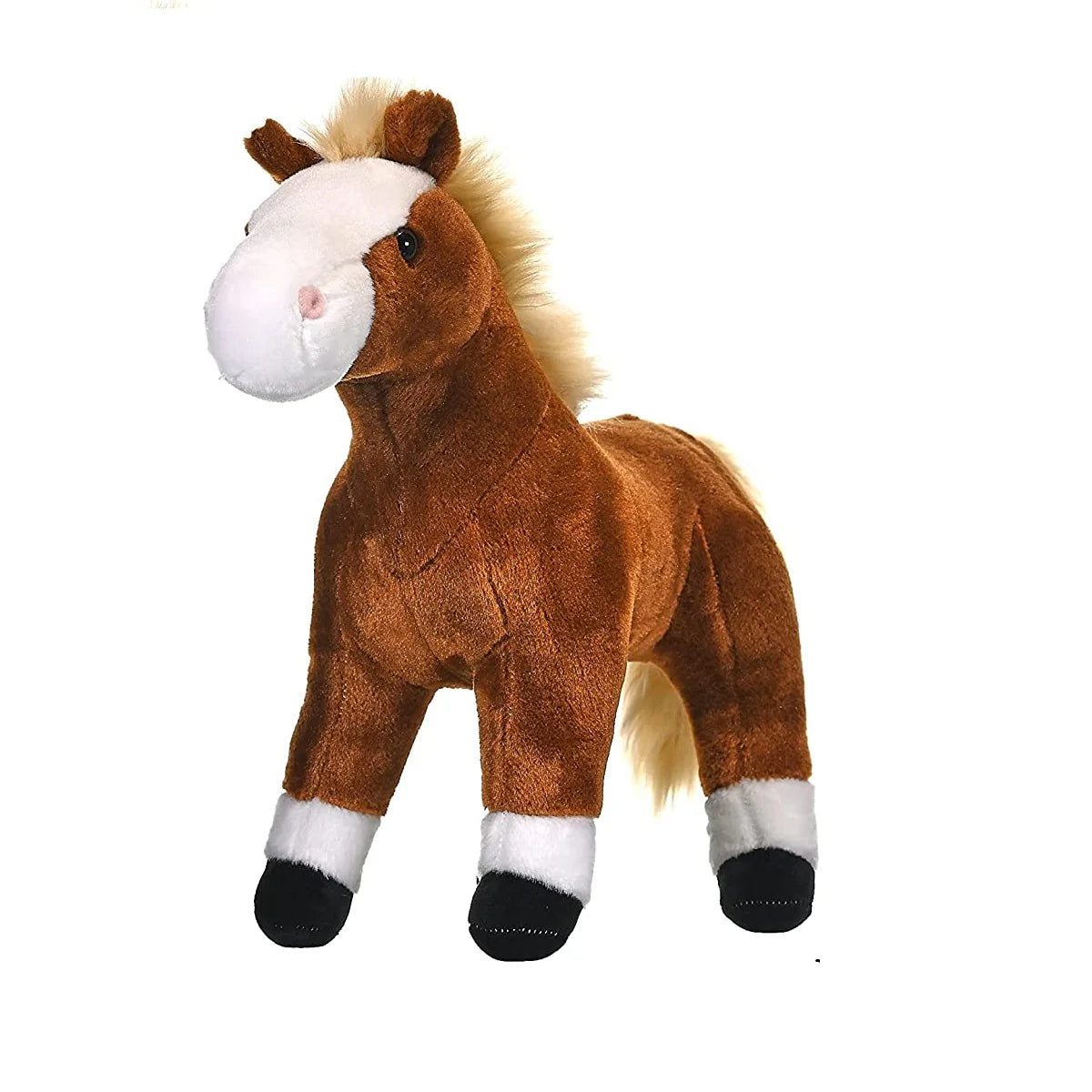 Plush horse toy with brown body, white face, and black hooves on a white background