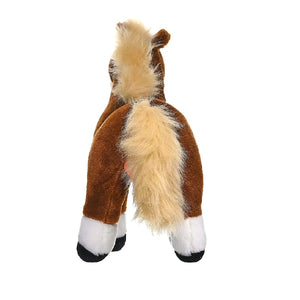 Plush toy resembling a horse with brown body, white legs, and beige mane on a white background