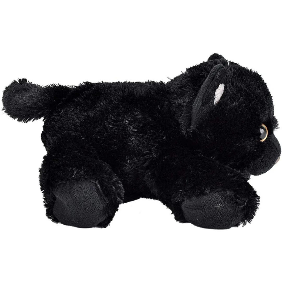 Black plush cat toy on a white background