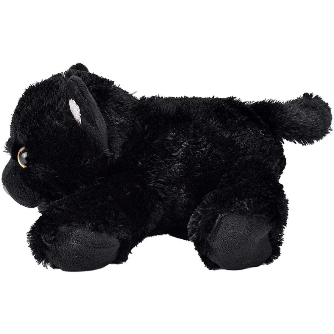 Black plush cat toy on a white background