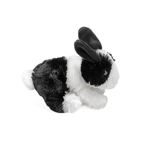 Black and white plush toy rabbit on a white background