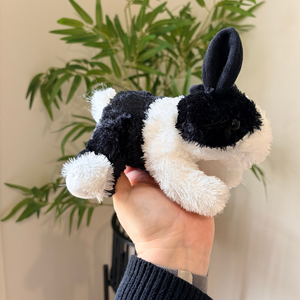 A black and white plush rabbit toy being held in a person's hand, with a beige wall and green plant leaves in the background.