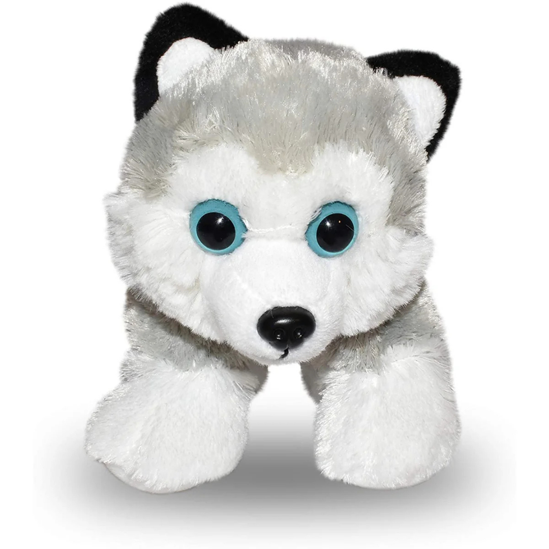Plush toy husky with black and white fur on a white background