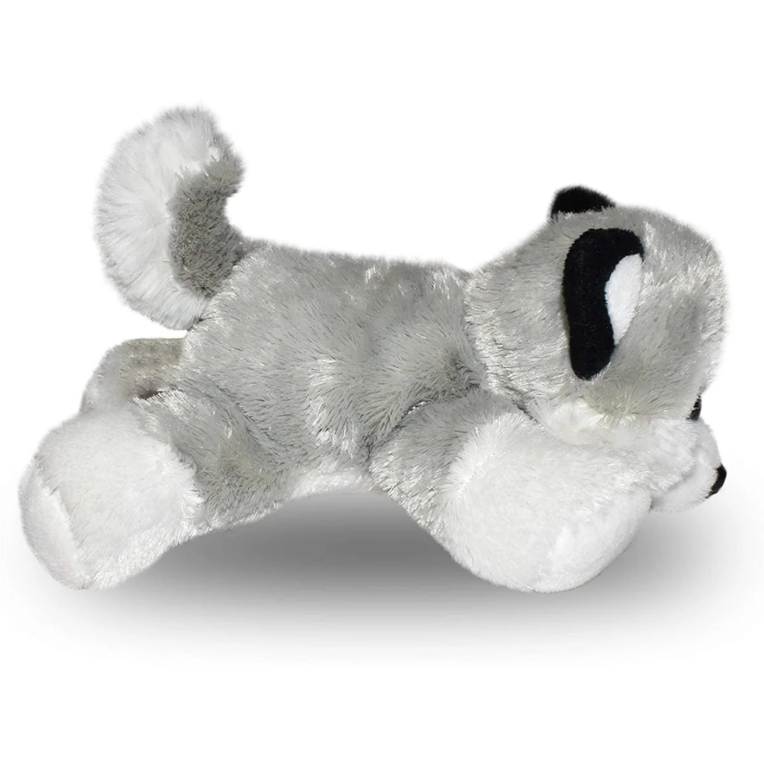 Plush toy dog lying on a white background