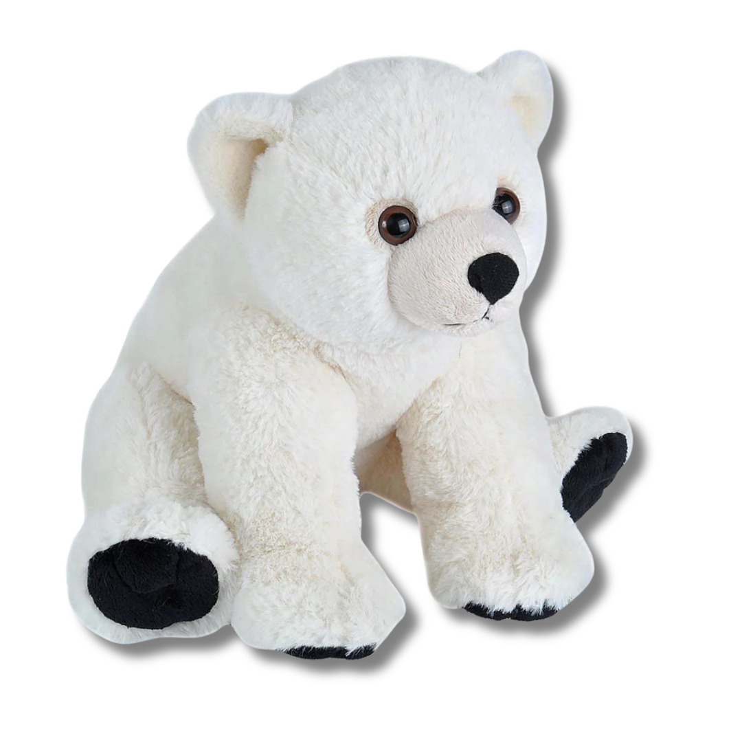 White plush bear toy with black paws on a white background