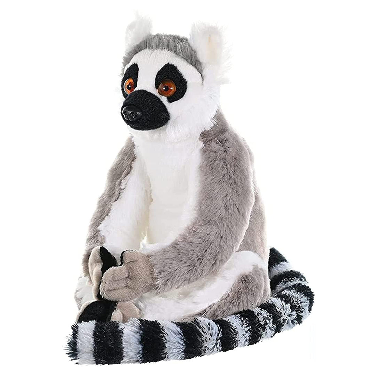 Plush toy lemur with a white face and black and gray striped tail on a white background