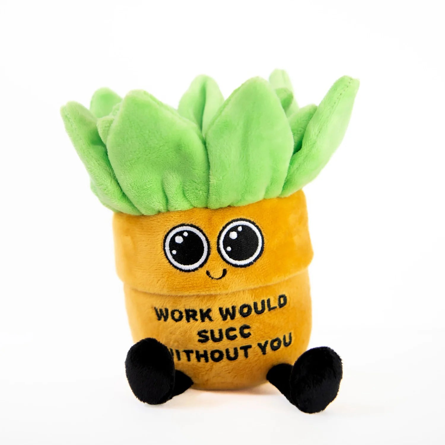 A plush toy designed to look like a potpourri tree, featuring a bright green leafy top, a yellow-orange trunk, and black feet. The front of the trunk has a cute embroidered face and the text 'WORK WOULD SUCC WITHOUT YOU'.