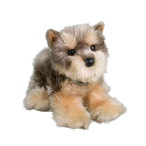 Plush toy dog with brown and beige fur on a white background