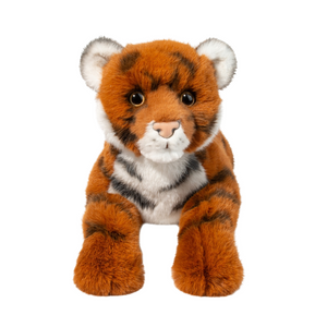 Plush tiger toy on a white background