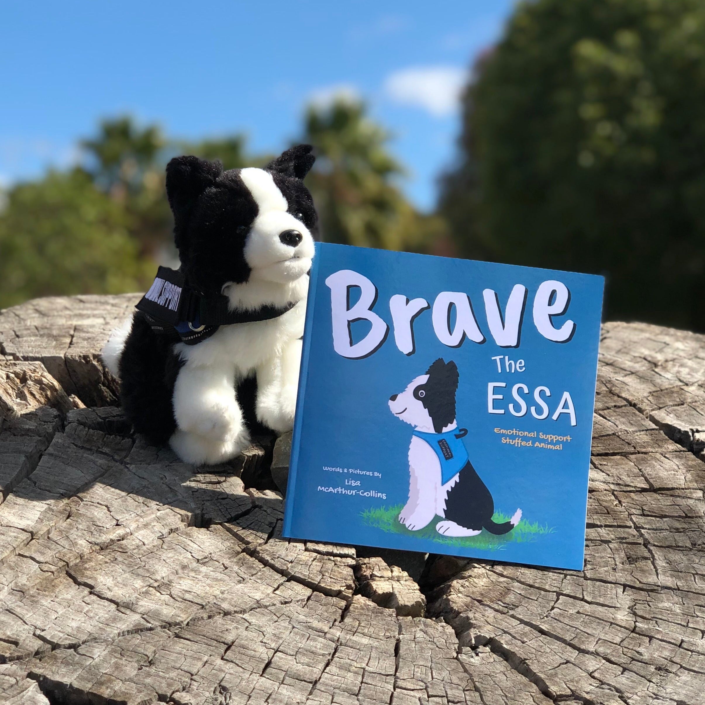 Emotional Support Stuffed Animal - Brave The ESSA Border Collie siting with the book Brave The ESSA