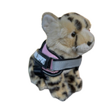 Cheetah plushie wearing a pink emotional support vest - side view - Emotional support stuffed animal on a white background