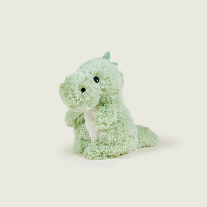 A light green plush dinosaur toy with a white belly, black bead eyes, and small horns on its head, sitting against a solid off-white background.
