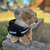 Lion Cub plushie wearing a black emotional support vest - ESSA