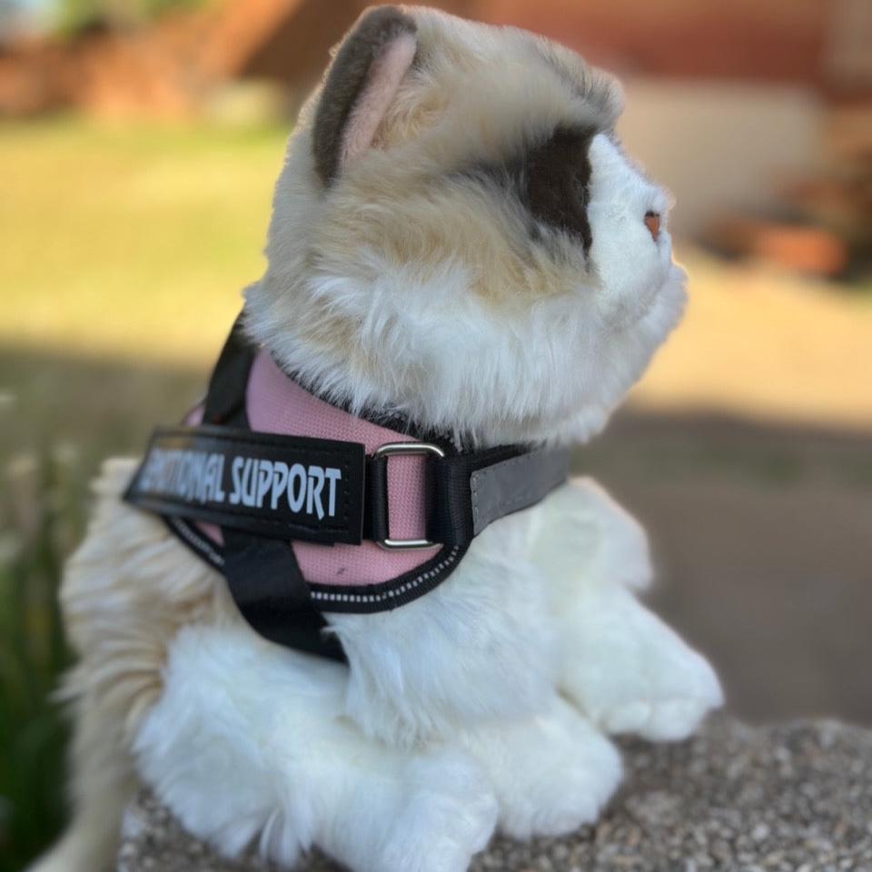 Ragdoll Cat plushie wearing a pink emotional support vest - ESSA gear