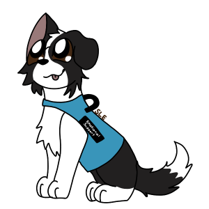 Cartoon dog wearing a blue vest with text on a white background