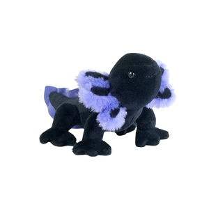Black and purple plush toy on a white background