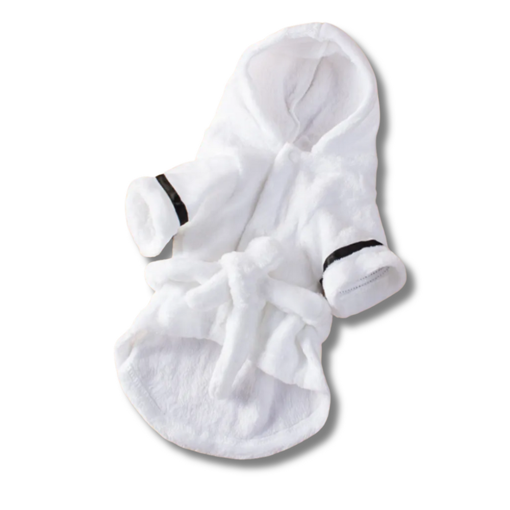 White dressing gown with black trim on a white background